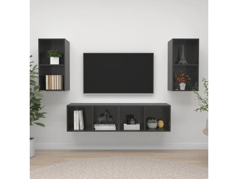  Lot de 4 meuble tv mural, meuble tv suspendu gris brillant bois d'ingénierie shl5328  - Conforama B