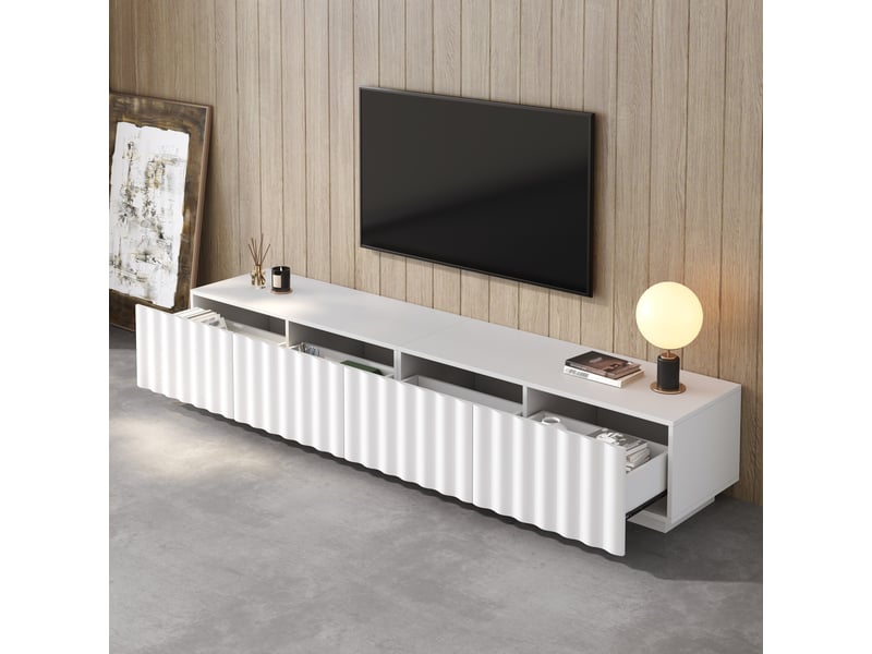  Meuble tv 200x40x35 cm, 1 tiroir, passe-câbles, push-to-open, façades texturées, grand rangement, mdf et pb pour salon - blanc  - Conforama E