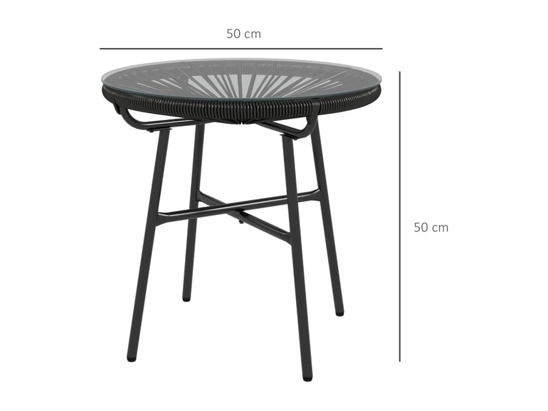 Table d'appoint extérieure ronde 50x50x50 cm – noire – verre trempé 5 mm et résine tressée style boho - Conforama C