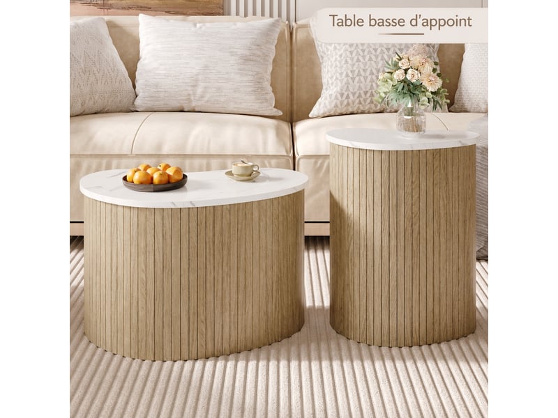 Ensemble de 2 tables basses compactes, effet marbre et bois, style moderne  - Conforama B