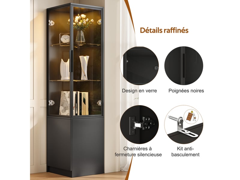  Vitrine haute 40x40x160 cm, éclairage led, commande par application, portes vitrées, grand rangement pour salon et séjour - noir  - Conforama D
