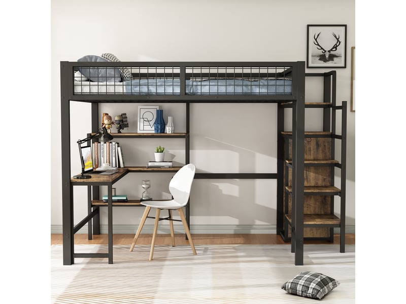  Lit mezzanine 140 × 200 cm 2 places avec bureau, étagères et armoire, sans matelas, en métal et mdf, noir et marron  - Conforama B