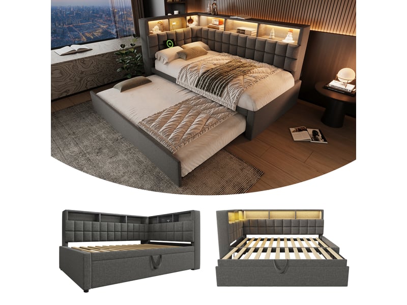 Lit banquette 90x200 cm avec lit gigogne 90x190 cm, led, enceinte bluetooth, usbtype-c, tête de lit avec rangement, tissu lin, sans matelas - gris - Conforama E