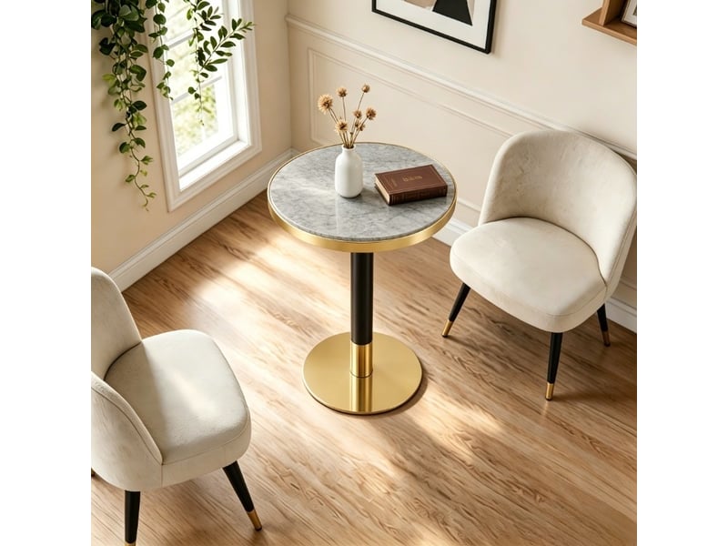  Table d’appoint ronde,60x60x73,7 cm,mdf,gris effet marbre métal noir et doré  - Conforama E