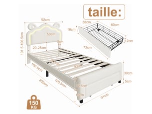 Lit simple avec éclairage led et tiroir gigogne 90 x 200 cm - blanc - canapé-lit en tissu bouclette teddy avec tête de lit motif cornes de bélier