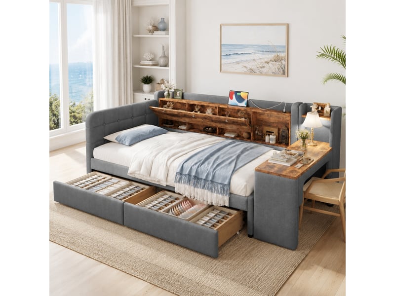  Lit simple 90x200 cm avec bureau et 2 tiroirs en lin et mdf gris  - Conforama C