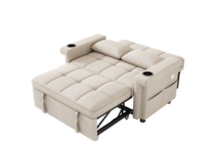 Canapé-lit éclairage led couchage d'appoint 2 places prise de recharge usb-c dossier réglable coussins inclus porte-gobelet poche latérale tissu chenille beige