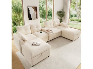 Canapé d'angle panoramique fixe MAISENTIEL 6 places Tissu beige avec coffre de rangement
