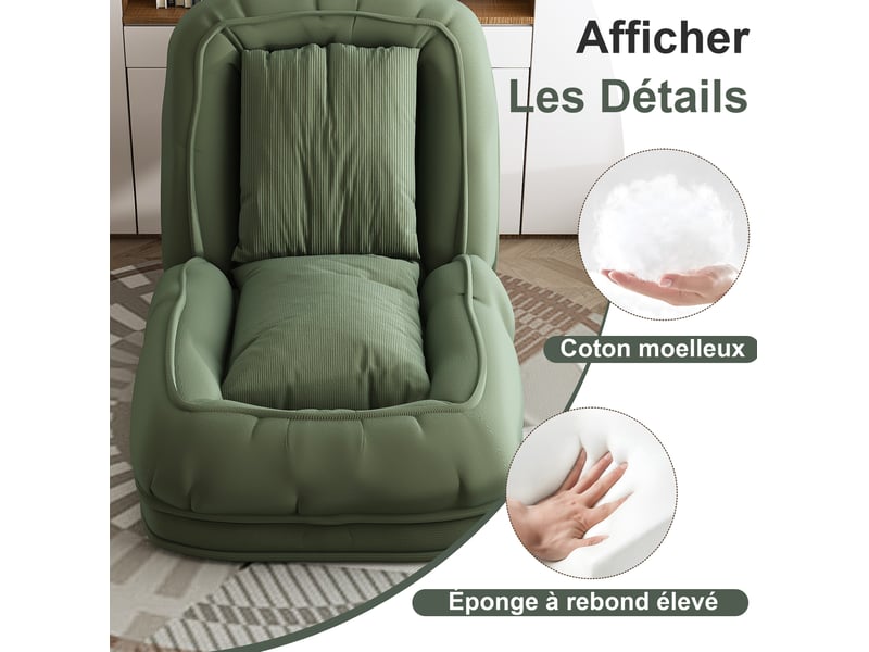 Canapé-lit pliable, avec 5 positions réglables, gain de place, à usage multifonction, structure en métal, couleur vert  - Conforama D