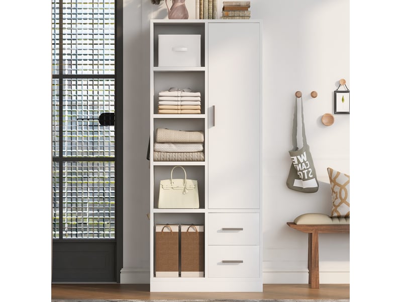  Armoire 1 porte 70x50x170 cm blanche avec tringles et 2 tiroirs  - Conforama D