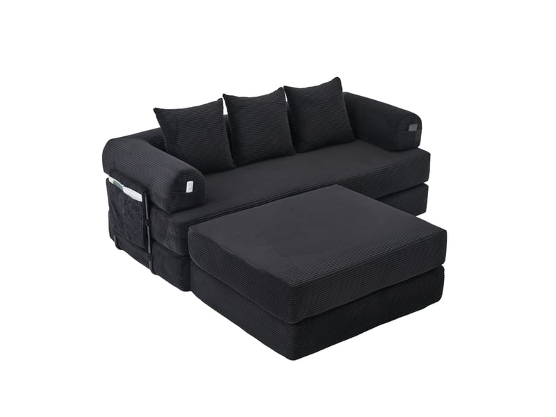  Canapé modulable modenvie 3 places velours côtelé noir avec pouf et 3 coussins 200 x 190 x 67 cm  - Conforama A