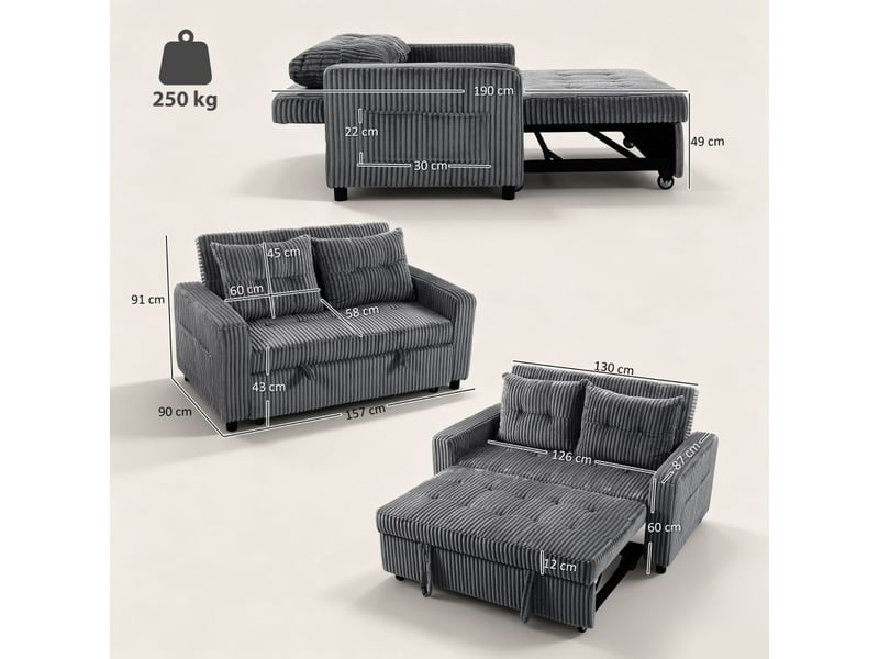 Canapé-lit 2 places 157x90x91 cm, avec poches, en velours côtelé, gris foncé - Conforama C