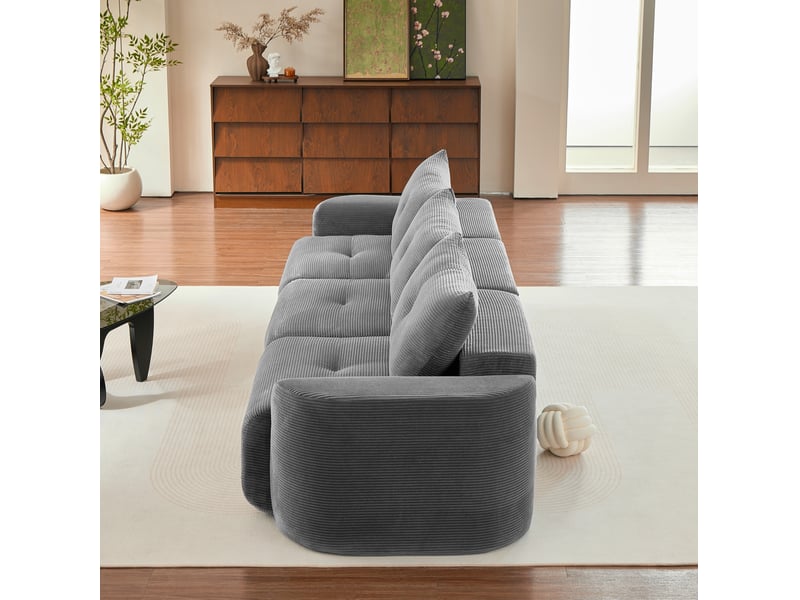  Canapé modulable 3 places couleur gris, configuration 2+1, design arrondi, mousse, revêtement côtelé  - Conforama D