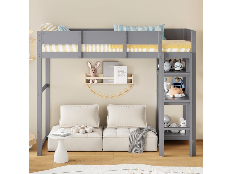 Lit mezzanine avec étagère 90 x 200 cm, cadre en bois massif de pin avec sommier à lattes, lit pour enfants et adolescents, gris - Conforama D