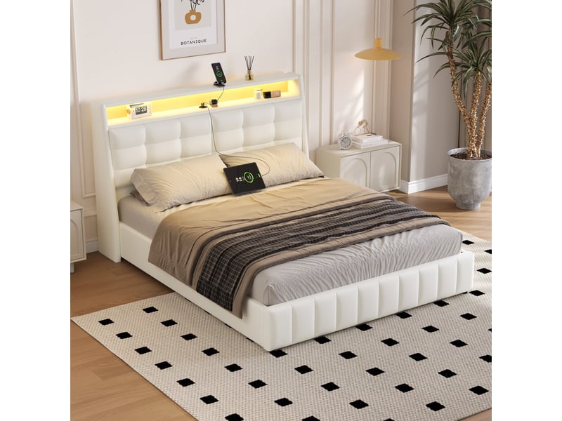  Lit double 160x200 cm - lit adulte avec rangement sous le lit et tête de lit réglable - blanc  - Conforama E