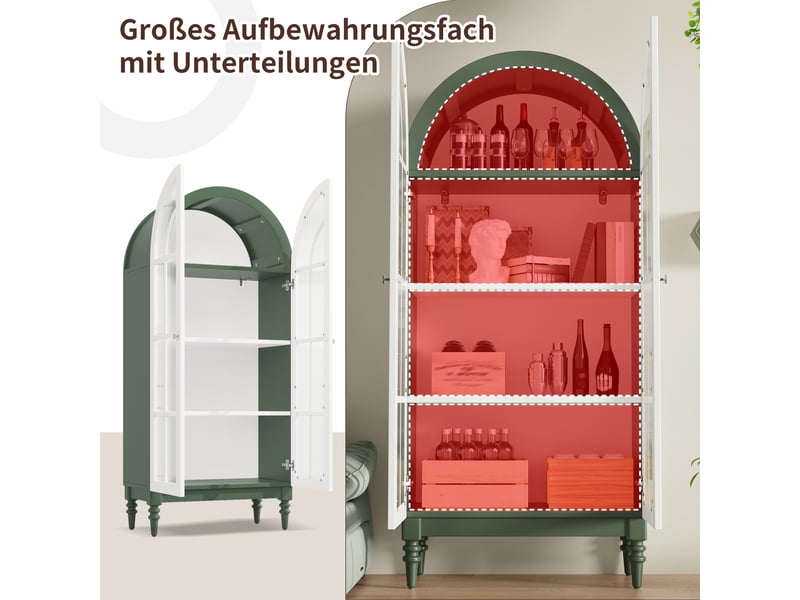  Vitrine haute arche-armoire vitrine verre cannelé campagne-3 niveaux portes doubles esprit montmartre-76x38,5x165-vert foncéblanc  - Conforama C