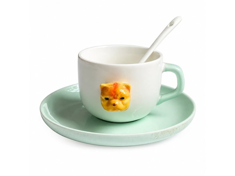  Ensemble tasse, soucoupe et cuillère, chien bully vert, céramique, 200 ml  - Conforama A