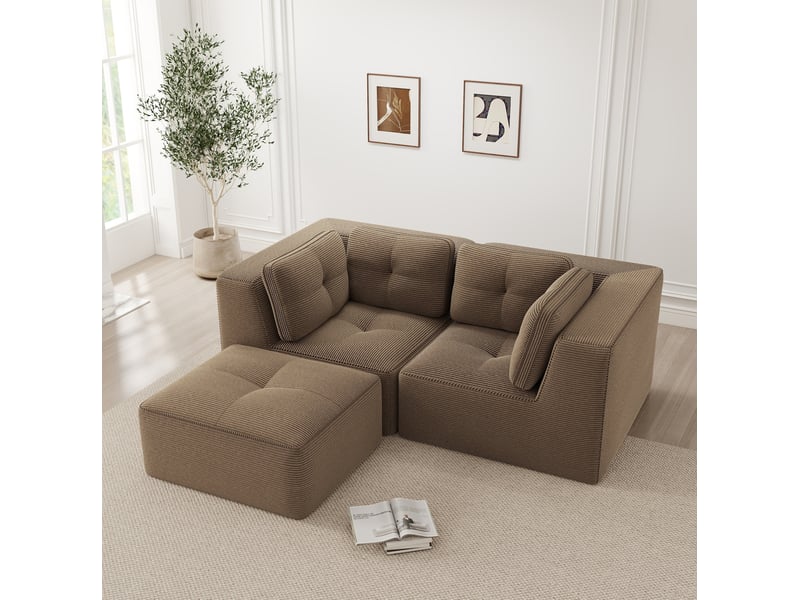 Canapé d’angle modulaire 2 places 208x177x69 cm, assise moelleus, avec repose-pieds déplaçable, en velours côtelé, marron - Conforama B