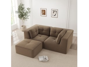 Canapé d’angle modulaire 2 places 208x177x69 cm, assise moelleus, avec repose-pieds déplaçable, en velours côtelé, marron
