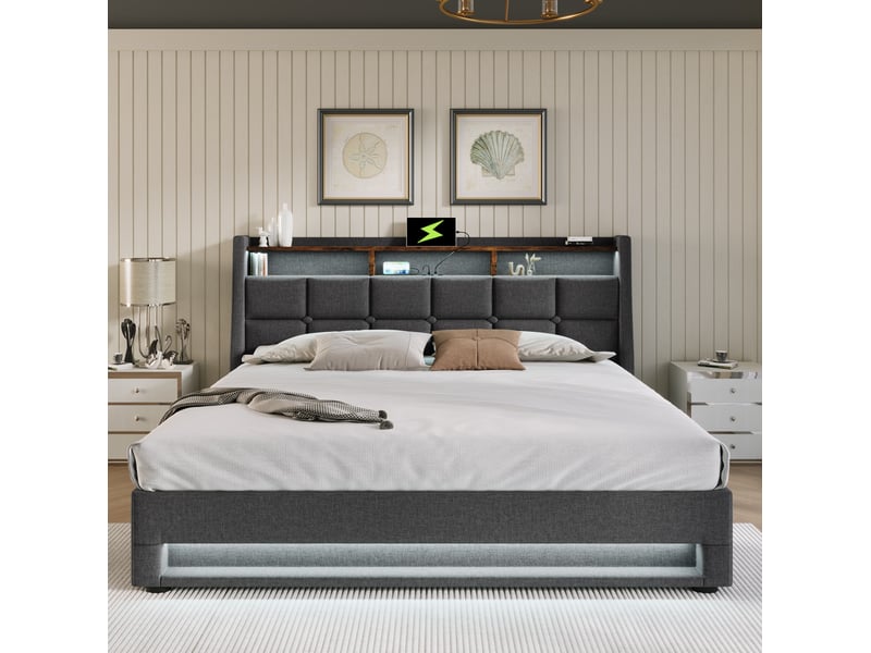  Lit coffre 160x200 cm 2 places avec espace de rangement, led, tête de lit, sommier et revêtement lin gris, sans matelas  - Conforama E