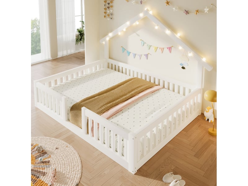  Lit cabane enfant 140x200 cm, lit au sol avec barrières et led, blanc, sans matelas  - Conforama R