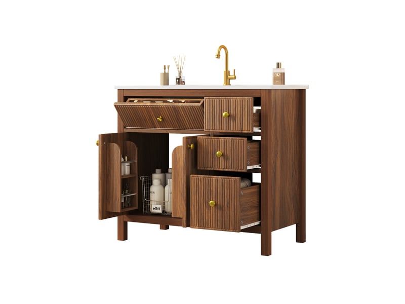  Meublede salle de bain 91 cm avec vasque céramique,91 x 48 x 88 cm,noyer,mdf et bois massif,texture ondulée,fermeture amortie  - Conforama A