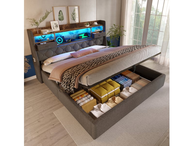 Lit double 160 x 200 cm avec rangement hydraulique, led, chargeurs usbtype-c et matelas gris - Conforama C