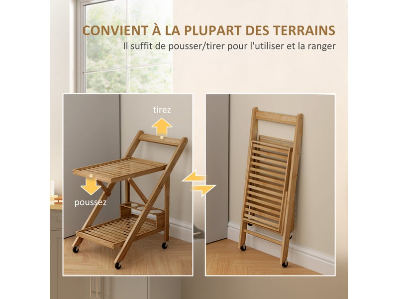  Desserte de cuisine en bambou chariot de service pliable 2 plateaux 4 roues 3 casiers à vin bois naturel 66 x 40 x 70 cm  - Conforama E