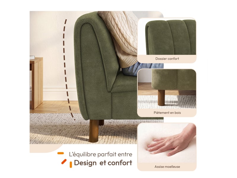  Fauteuil hector tissu chenille vert et pieds arrondis effet noyer  - Conforama C