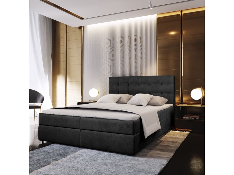 Boxspring glos 200x200 cm, lit complet avec matelas, noir - Conforama B