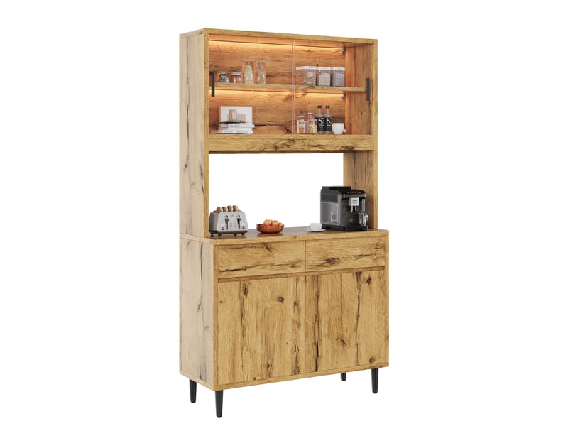 Buffet haut 4 portes, 2 tiroirs et niche ouverte avec led et prises intégrées pour salle à manger, teinte chêne clair - Conforama A