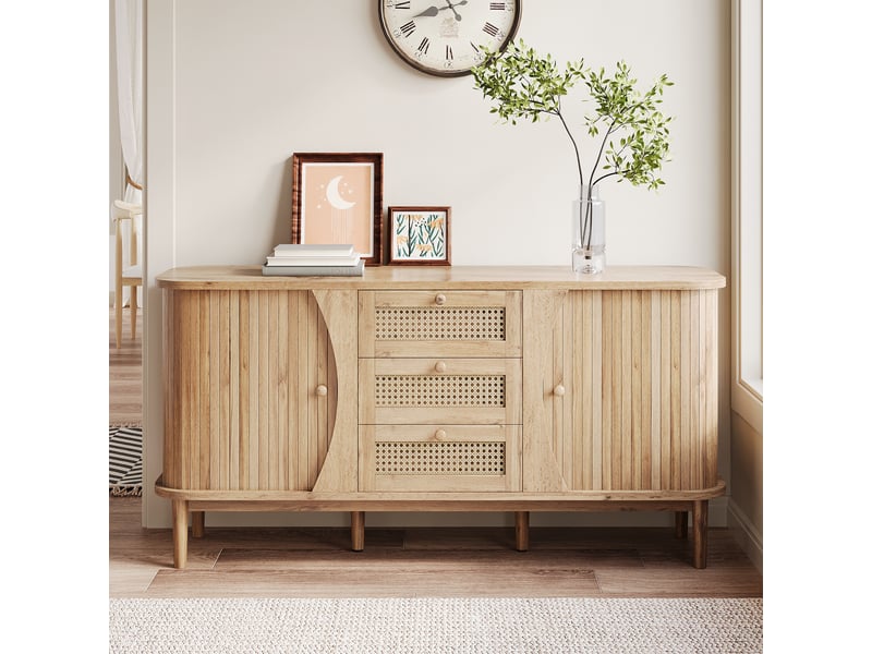 Buffet en rotin, portes coulissantes, étagères réglables, plateau incurvé, bois - Conforama C
