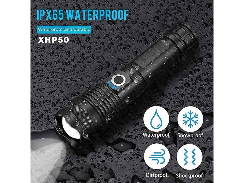 Lampe de poche led rechargeable usb -lumineuse de 5000 lumens, 5 modes, étanche, batterie 18650 incluse - Conforama E