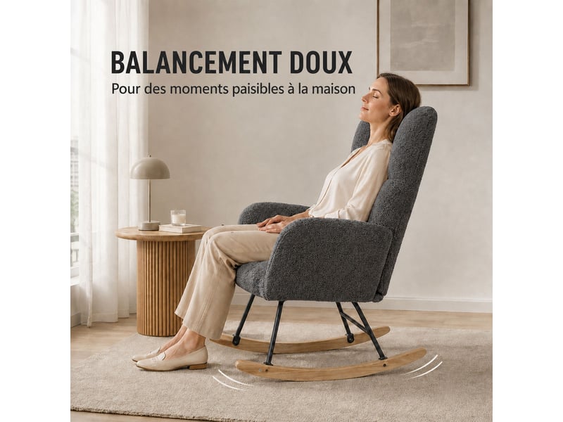  Fauteuil à bascule teddy gris, fauteuil rocking-chair ergonomique avec dossier haut et accoudoirs rembourrés, base en bois massif, chaise de relaxation pour salon, chambre et chambre bébé  - Conforama E