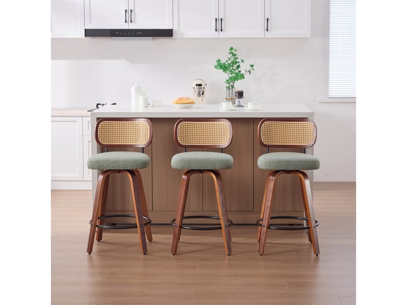 Lot de 2 tabourets de bar 42x56x90cm – avec dossier en rotin et assise rembourrée – noyer et vert  - Conforama D