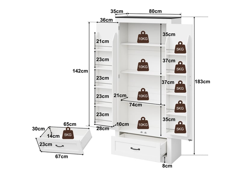  Armoire haute de cuisine 80x35x183 cm avec 2 portes style grange, 1 grand tiroir, rangements de porte, étagères réglables, anti-basculement, mdf blanc  - Conforama D