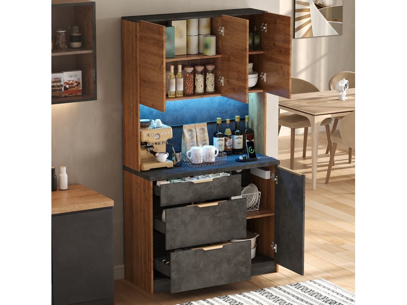  Buffet de cuisine 100x40x180 cm avec 3 tiroirs et 4 portes, éclairage led et prises en mdf couleur naturel et gris  - Conforama B