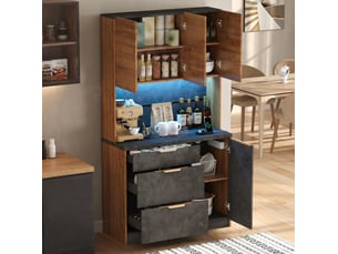Buffet de cuisine 100x40x180 cm avec 3 tiroirs et 4 portes, éclairage led et prises en mdf couleur naturel et gris