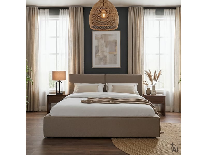 Lit double calm rembourré 160 x 200 cm avec tête de lit en tissu et sommier - beige - Conforama C