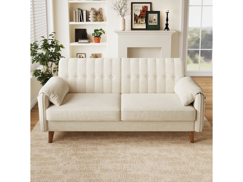  Canapé 2 places beige en tissu chenille avec pieds en bois massif  - Conforama E