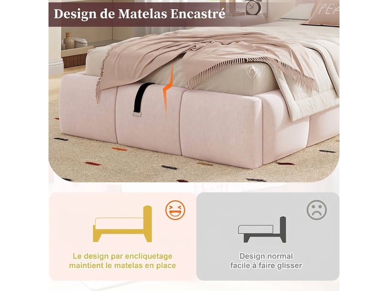  Lit enfant 90x200 velours rose - lit coffre hydraulique avec port usb et tête de lit capitonnée  - Conforama R