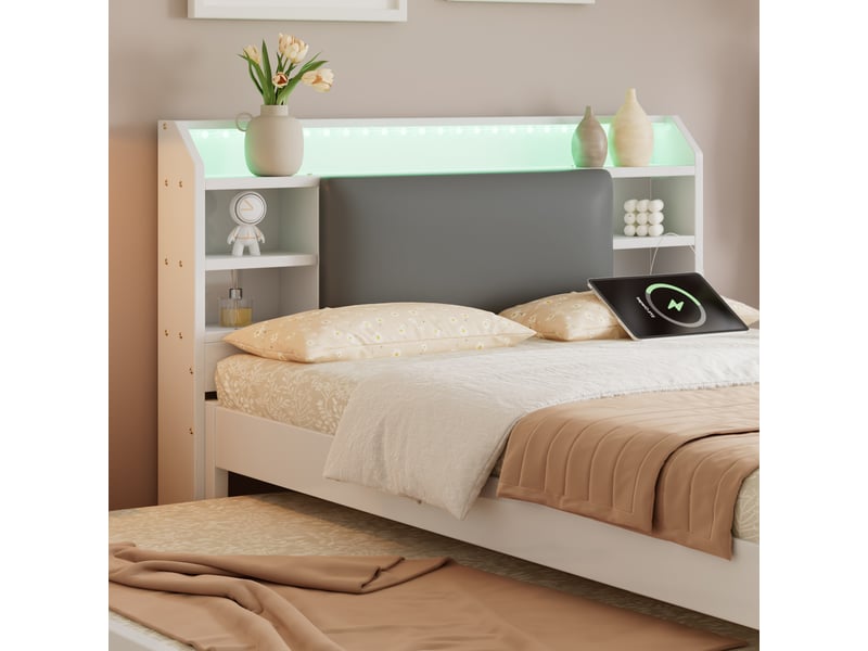 Lit en bois blanc 120x200 cm avec lit gigogne 90x190 cm, tête de lit capitonnée et led - Conforama R