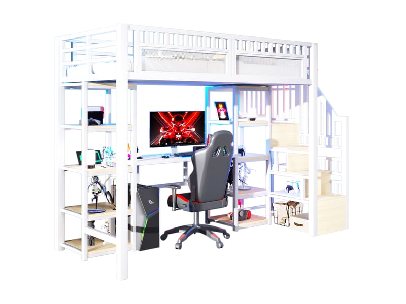  Lit mezzanine 90x200 cm avec bureau, led et rangement coloris blanc  - Conforama A