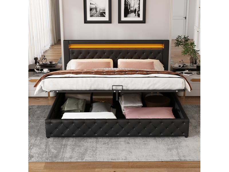  Lit double 180 x 200 cm avec sommier, rangement sous le lit et led, noir, finition pu  - Conforama D