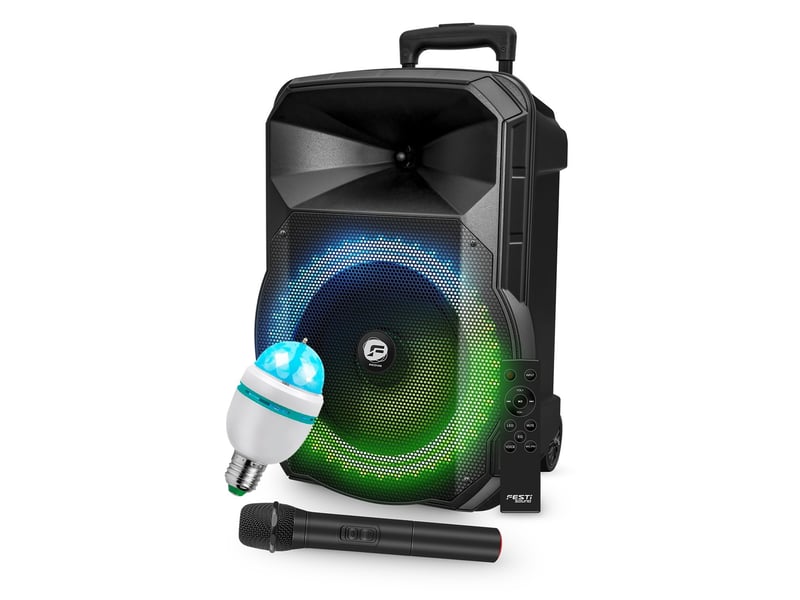  Enceinte karaoké festisound pico08, autonome sur batterie, puissance 200w, usb bluetooth, tws, radio fm, micro sans fil, ampoule  - Conforama A