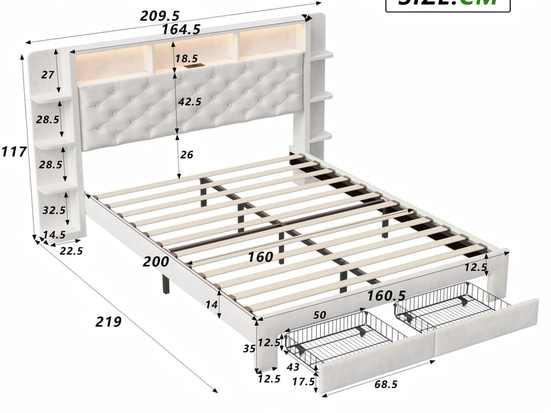 Lit 2 places 160x200 cm - tiroirs de rangement et led - usb - lit 2 places velours - tête de lit avec rangement ouvert - Conforama C