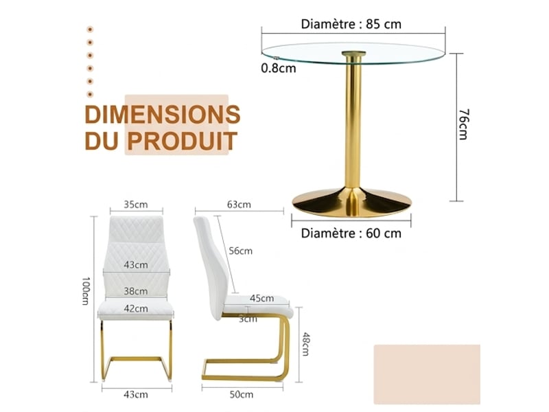  Ensemble table ronde ø85 cm et 4 chaises, verre trempé et assises blanches en pu  - Conforama C