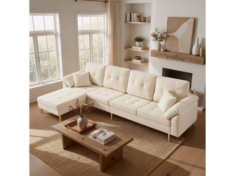 Canapé 4 places en velours côtelé blanc crème, avec pouf mobile, configurable en l, pieds en métal, 250 cm - Conforama R