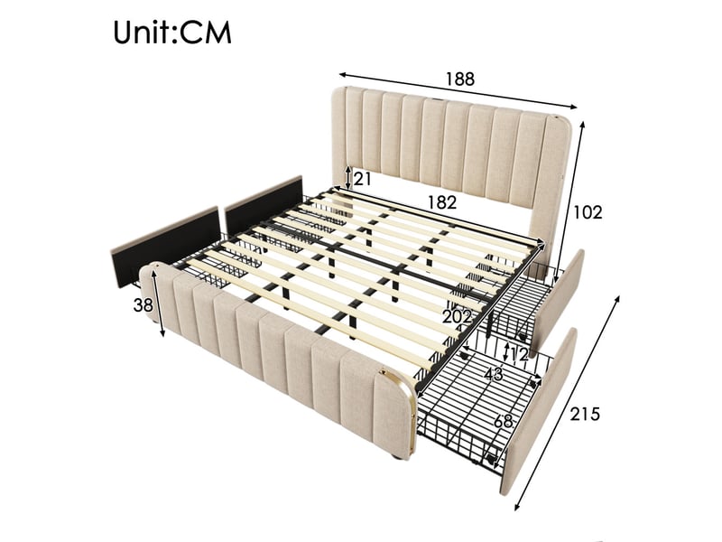  Lit double rembourré beige 180x200 cm avec tête de lit à bandes métalliques, ports usb et usb-c, 4 tiroirs de rangement, structure en métal et sommier à lattes  - Conforama C