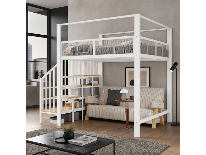 Lit mezzanine 140 × 200 cm 2 places avec escalier de rangement et baldaquin, sans matelas, en métal blanc - Conforama B